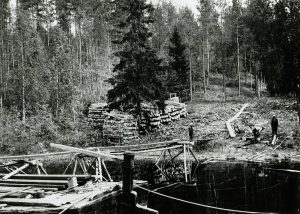 Lotjan lastausta. Kolme miestä töissä. Propsipinoja rannalla. Etualalla lankkusilta ja proomun perä.