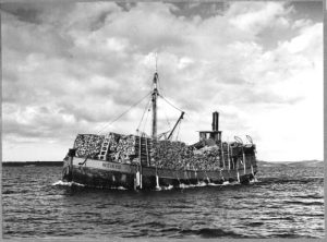 Höyrylotja (tervahöyry) s/s Weikko vas. keulasta ajaa täydessä propsilastissa 1947.