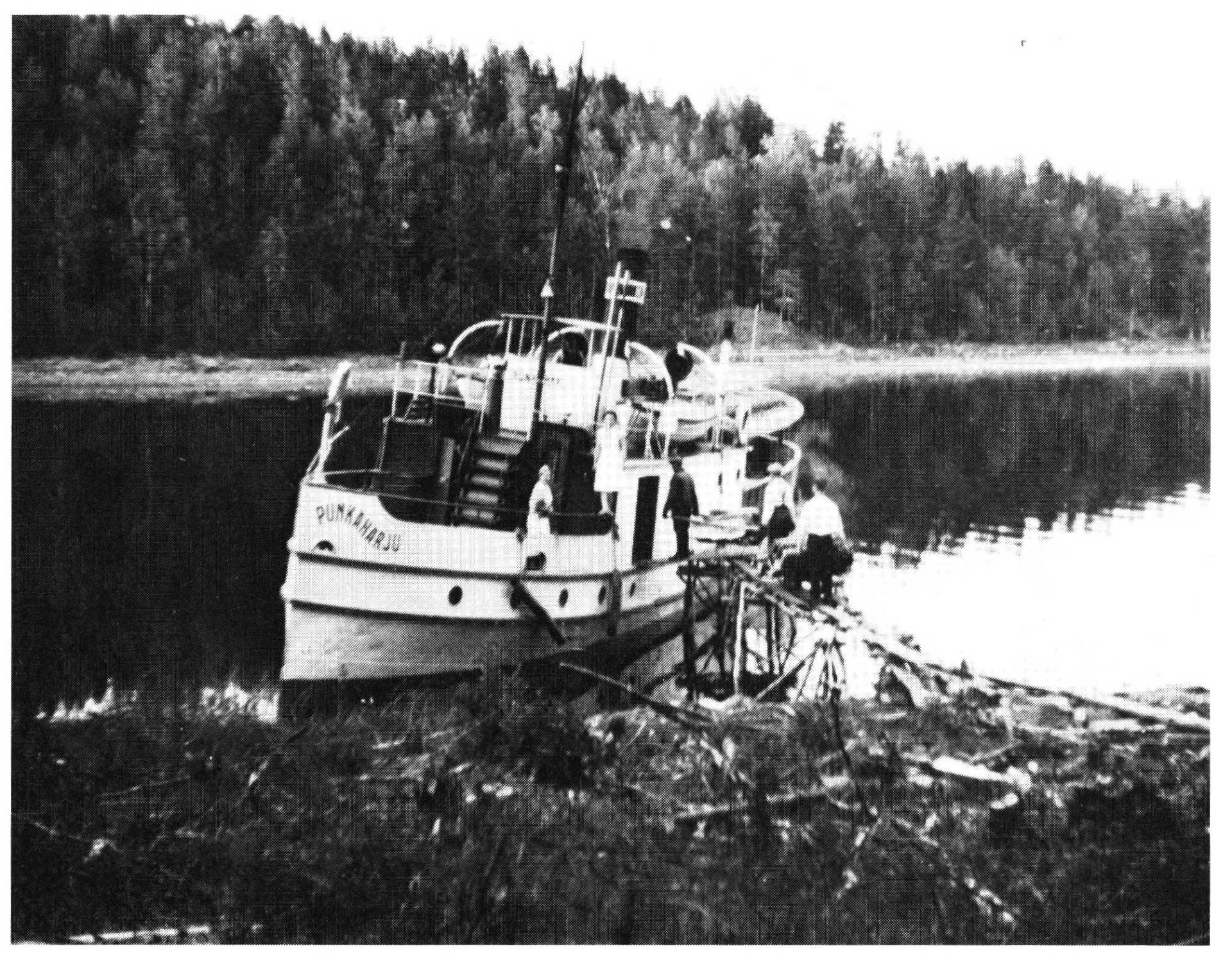 S/S Punkaharju halonotossa Ristinpohjassa. Kuvassa on mustavalkoinen kuva kesäisestä maisemasta, jossa pieni höyrylaiva on rantautunut ison puupinon läheisyyteen. S/S Punkaharjun miehistö lastaa laivaan halkoja Ristinpohjassa.